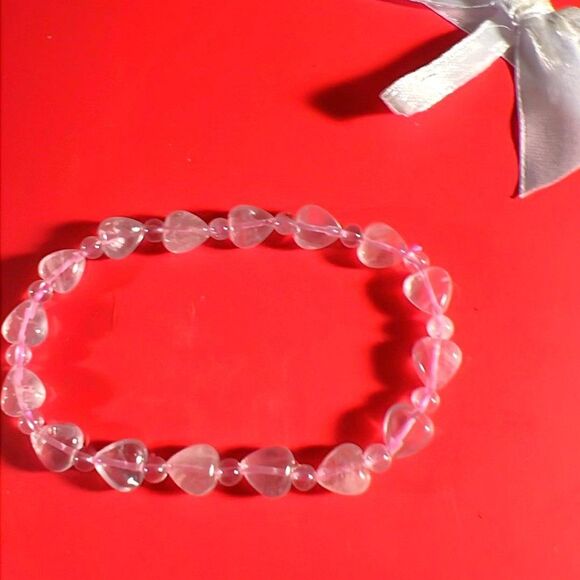Genuine Rose Quartz Heart Beaded Stretch Bracelet - NEW! - Picture 2 of 5